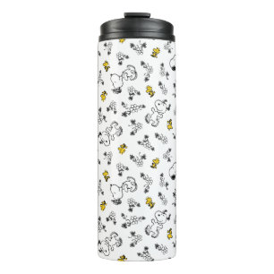 Peanuts Snoopy & Woodstock B&W Flower Pattern Thermal Tumbler