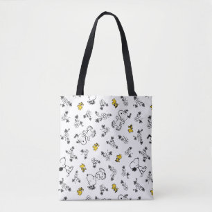 Peanuts Snoopy & Woodstock B&W Flower Pattern Tote Bag