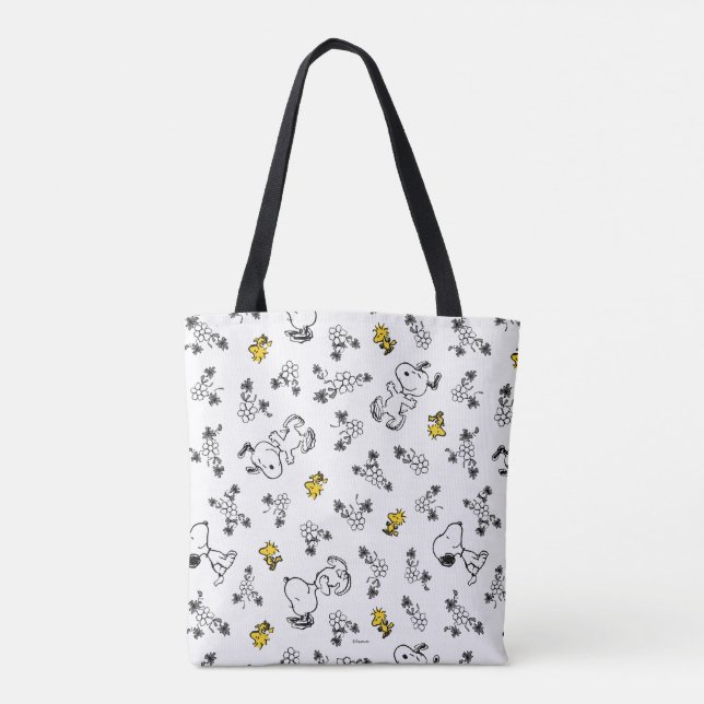 Peanuts | Snoopy & Woodstock B&W Flower Pattern Tote Bag  display picture 3