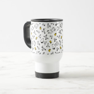 Peanuts Snoopy & Woodstock B&W Flower Pattern Travel Mug