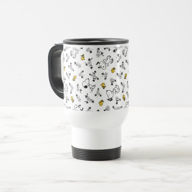 Peanuts | Snoopy & Woodstock B&W Flower Pattern Travel Mug (Front Left)
