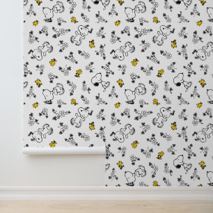 Peanuts Snoopy & Woodstock B&W Flower Pattern Wallpaper