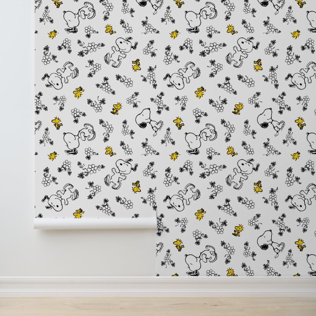 Peanuts | Snoopy & Woodstock B&W Flower Pattern Wallpaper (Application)