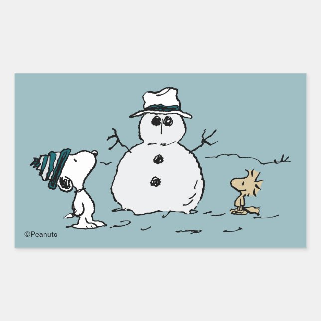 Peanuts | Snoopy & Woodstock Build A Snowman Rectangular Sticker (Front)