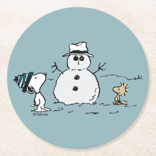 Peanuts  Snoopy  Woodstock Build A Snowman Round Paper Coaster