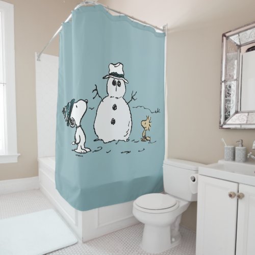 Peanuts  Snoopy  Woodstock Build A Snowman Shower Curtain