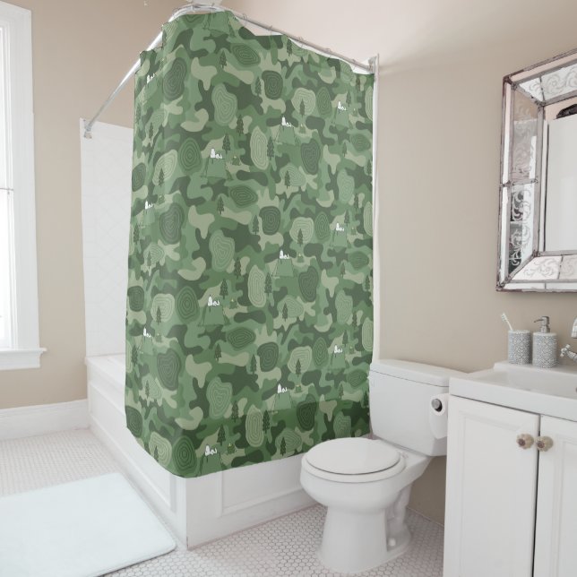 Peanuts | Snoopy & Woodstock Camouflage Camp Shower Curtain (In Situ)
