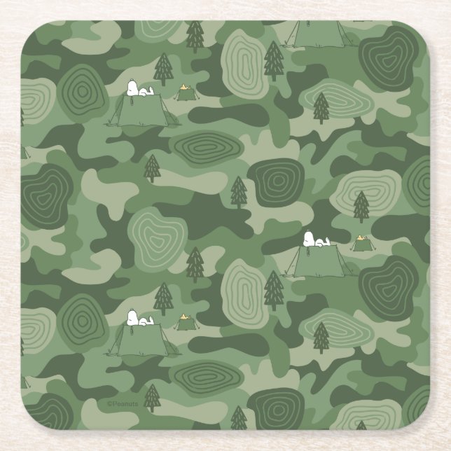 Peanuts | Snoopy & Woodstock Camouflage Camp Square Paper Coaster (Front)