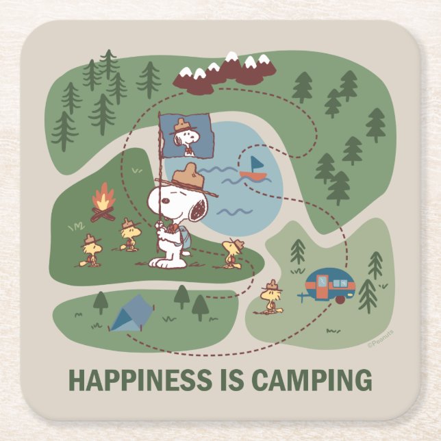 Peanuts | Snoopy & Woodstock Camp Map Square Paper Coaster (Front)