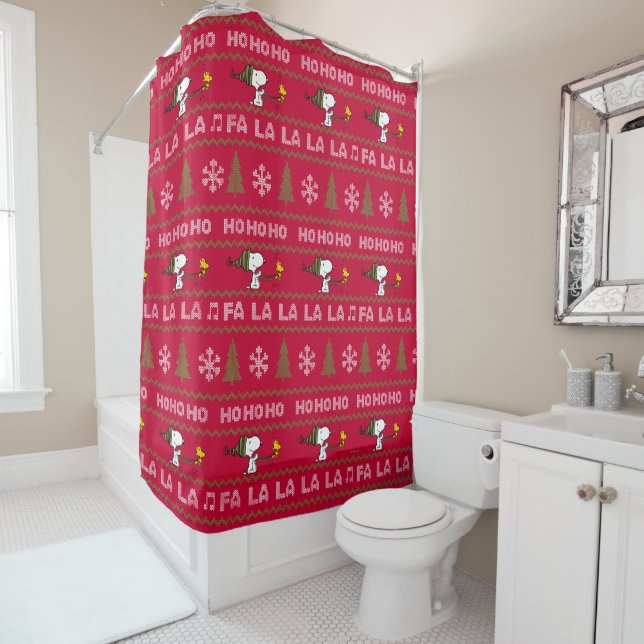 Peanuts | Snoopy & Woodstock Christmas Sweater Shower Curtain (In Situ)