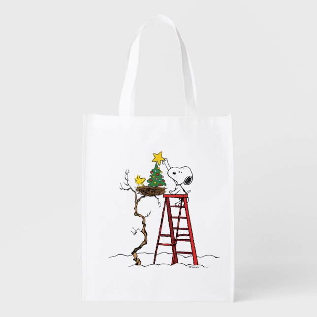 Peanuts | Snoopy & Woodstock Christmas Tree Grocery Bag (Front)