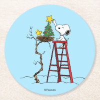 Peanuts | Snoopy & Woodstock Christmas Tree Round Paper Coaster