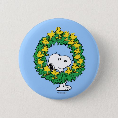 Peanuts  Snoopy  Woodstock Christmas Wreath Button