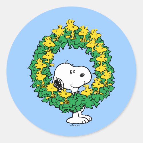 Peanuts  Snoopy  Woodstock Christmas Wreath Classic Round Sticker