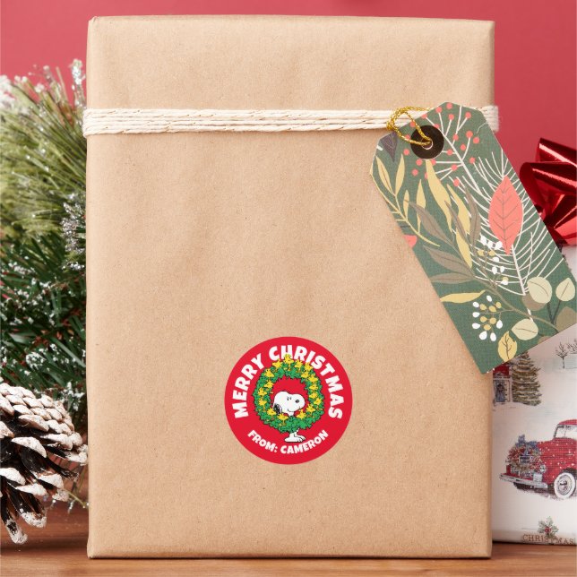 Peanuts | Snoopy & Woodstock Christmas Wreath Classic Round Sticker (Holiday)