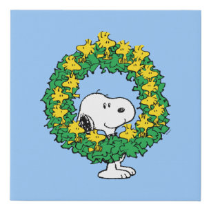 Peanuts Snoopy & Woodstock Christmas Wreath Faux Canvas Print