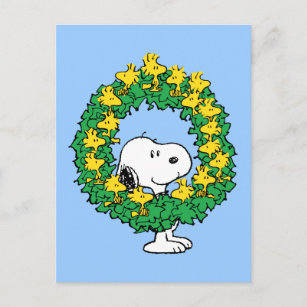 Peanuts   Snoopy & Woodstock Christmas Wreath Postcard
