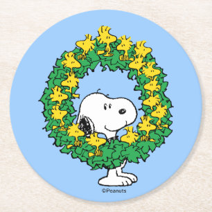 Peanuts Snoopy & Woodstock Christmas Wreath Round Paper Coaster