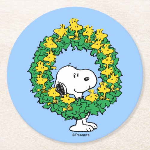 Peanuts  Snoopy  Woodstock Christmas Wreath Round Paper Coaster