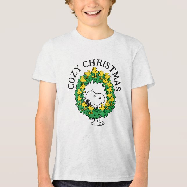Peanuts | Snoopy & Woodstock Christmas Wreath Tri-Blend Shirt (Front)