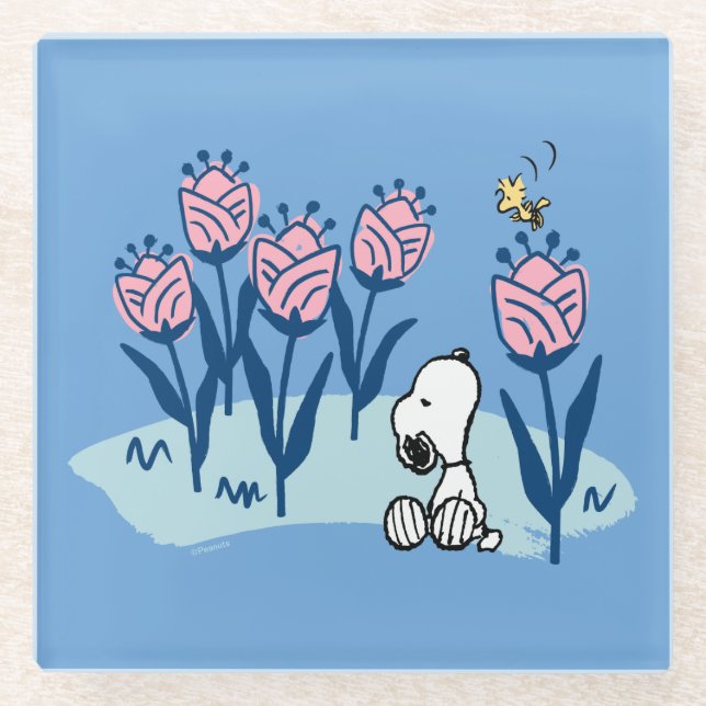 Peanuts | Snoopy & Woodstock Flower Garden Glass Coaster (Front)