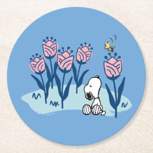 Peanuts Snoopy & Woodstock Flower Garden Round Paper Coaster