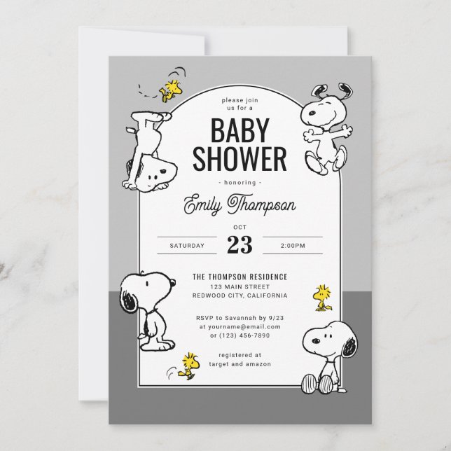 Peanuts | Snoopy & Woodstock Grey Baby Shower Invitation (Front)