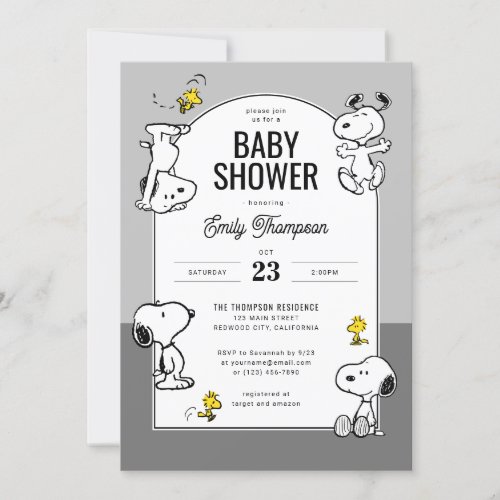 Peanuts  Snoopy  Woodstock Grey Baby Shower Invitation