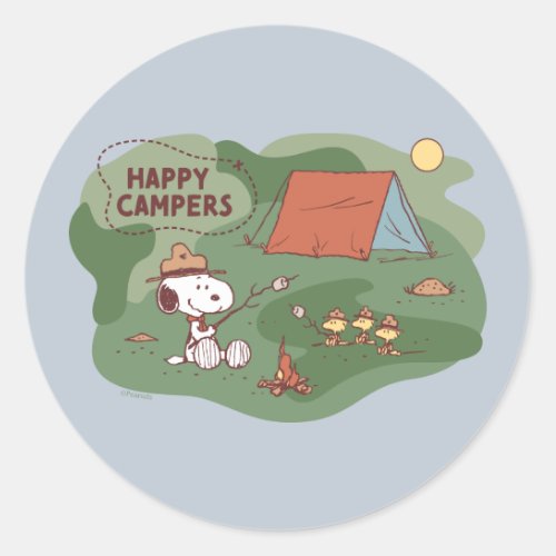 Peanuts  Snoopy  Woodstock Happy Campers Classic Round Sticker