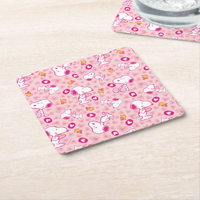 Peanuts | Snoopy & Woodstock Heart Pattern Square Paper Coaster (Angled)