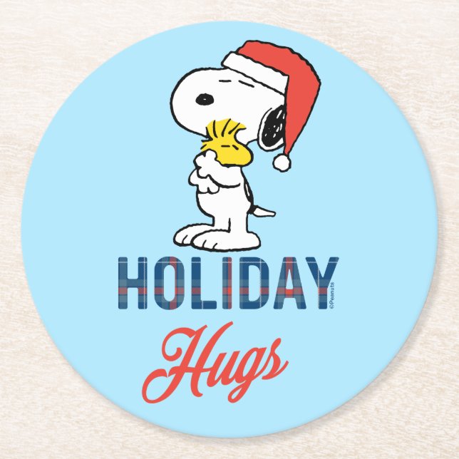 Peanuts | Snoopy & Woodstock Holiday Hugs Round Paper Coaster (Front)