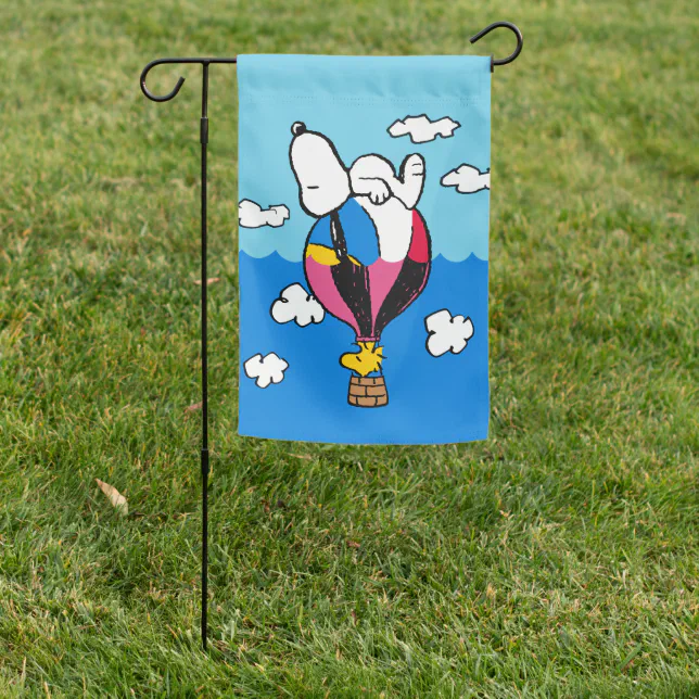 Peanuts | Snoopy & Woodstock Hot Air Balloon Garden Flag | Zazzle