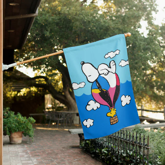 Peanuts | Snoopy & Woodstock Hot Air Balloon House Flag | Zazzle