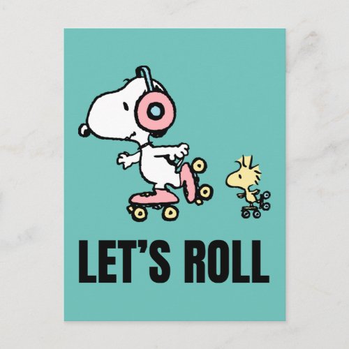 PEANUTS  Snoopy  Woodstock  Lets Roll Postcard