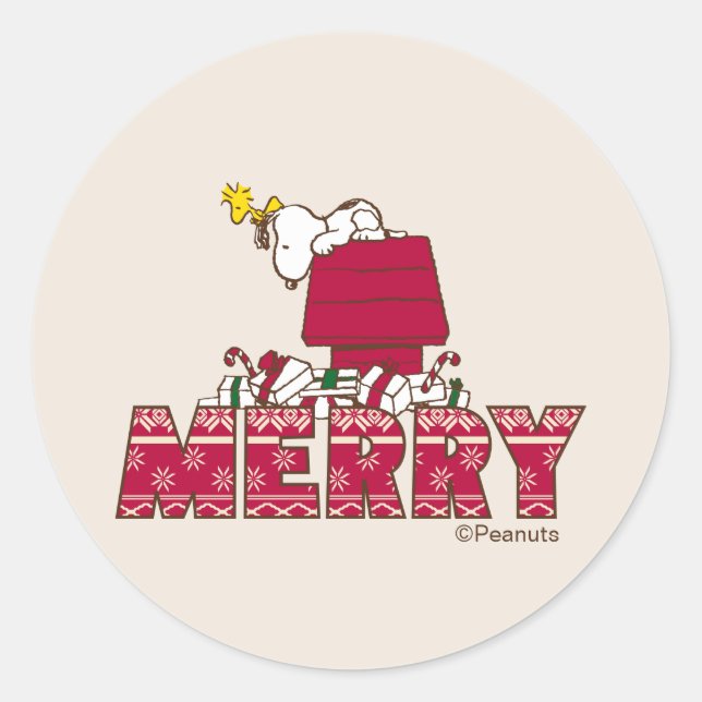 Peanuts | Snoopy & Woodstock Merry Ugly Sweater Classic Round Sticker (Front)