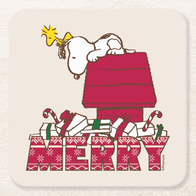 Peanuts | Snoopy & Woodstock Merry Ugly Sweater Square Paper Coaster (Front)