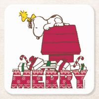 Peanuts | Snoopy & Woodstock Merry Ugly Sweater Square Paper Coaster