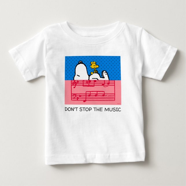 Peanuts | Snoopy & Woodstock Music & Polka Dots Baby T-Shirt (Front)