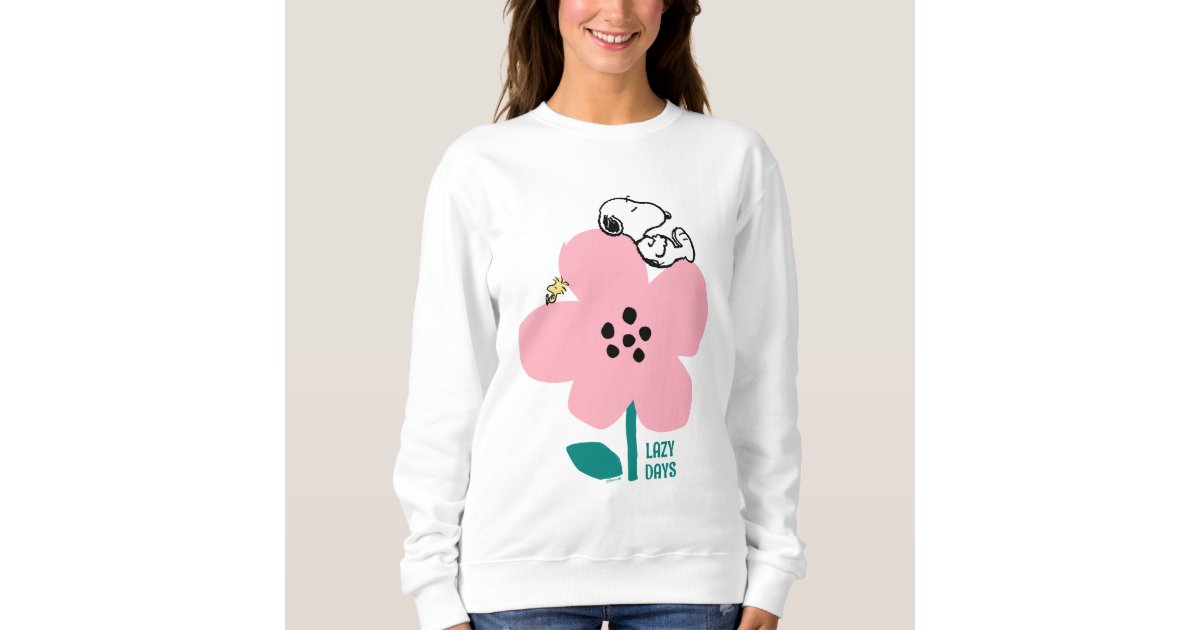 Peanuts | Snoopy & Woodstock Nap on Pink Flower Sweatshirt | Zazzle