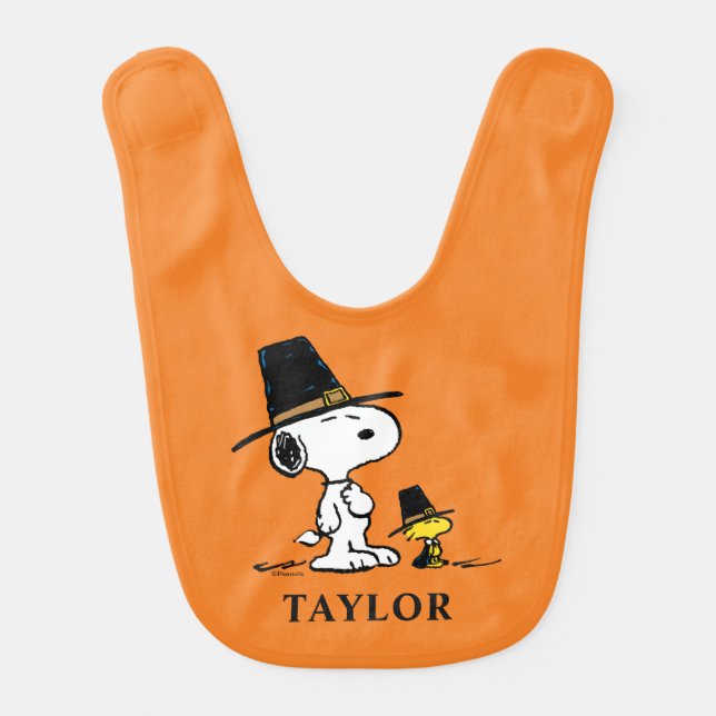 Peanuts | Snoopy & Woodstock Pilgrim Baby Bib (Front)