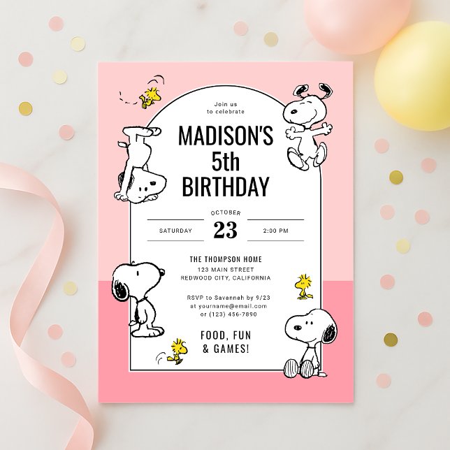 Peanuts Snoopy & Woodstock Pink Birthday Invitation (Creator Uploaded)