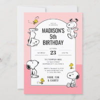 Peanuts Snoopy & Woodstock Pink Birthday Invitation