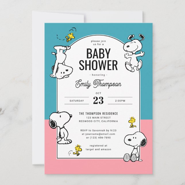 Peanuts Snoopy & Woodstock Pink & Blue Baby Shower Invitation (Front)