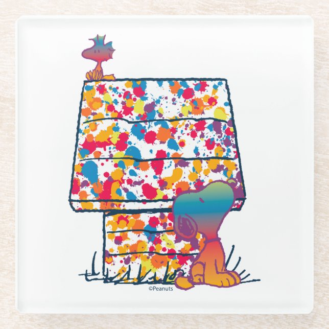 Peanuts | Snoopy & Woodstock Rainbow Paint Glass Coaster (Front)