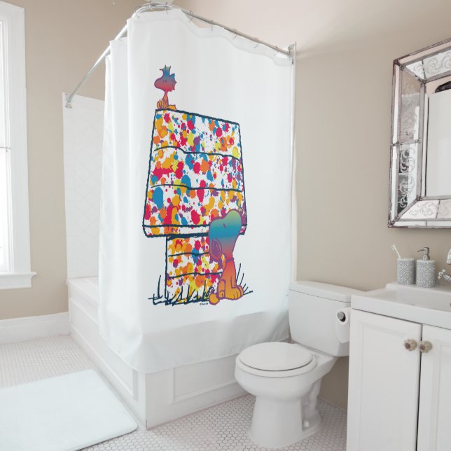 Peanuts | Snoopy & Woodstock Rainbow Paint Shower Curtain (In Situ)