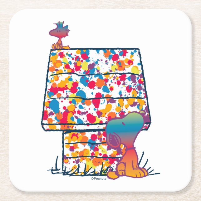 Peanuts | Snoopy & Woodstock Rainbow Paint Square Paper Coaster (Front)