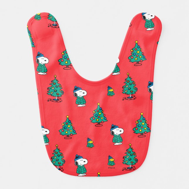 Peanuts | Snoopy & Woodstock Red Christmas Pattern Baby Bib (Front)
