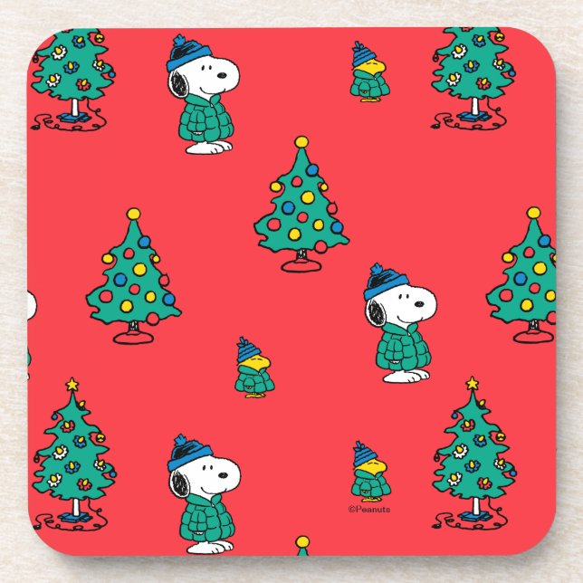 Peanuts | Snoopy & Woodstock Red Christmas Pattern Beverage Coaster (Front)