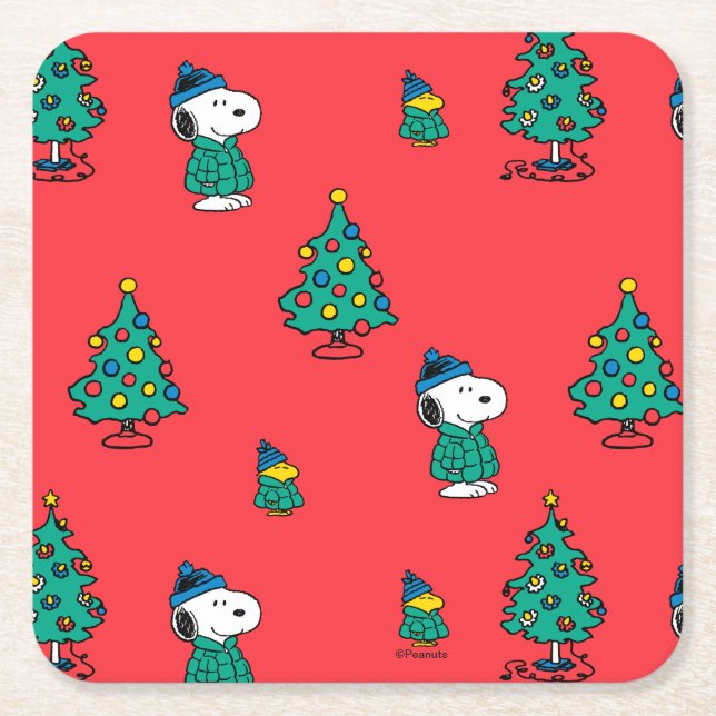 Peanuts | Snoopy & Woodstock Red Christmas Pattern Square Paper Coaster (Front)