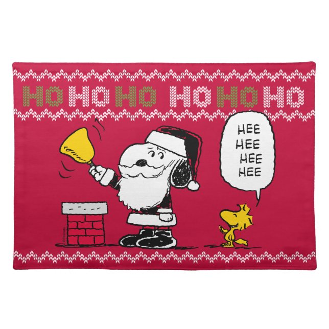 Peanuts | Snoopy & Woodstock Santa Bell Ringer Cloth Placemat (Front)